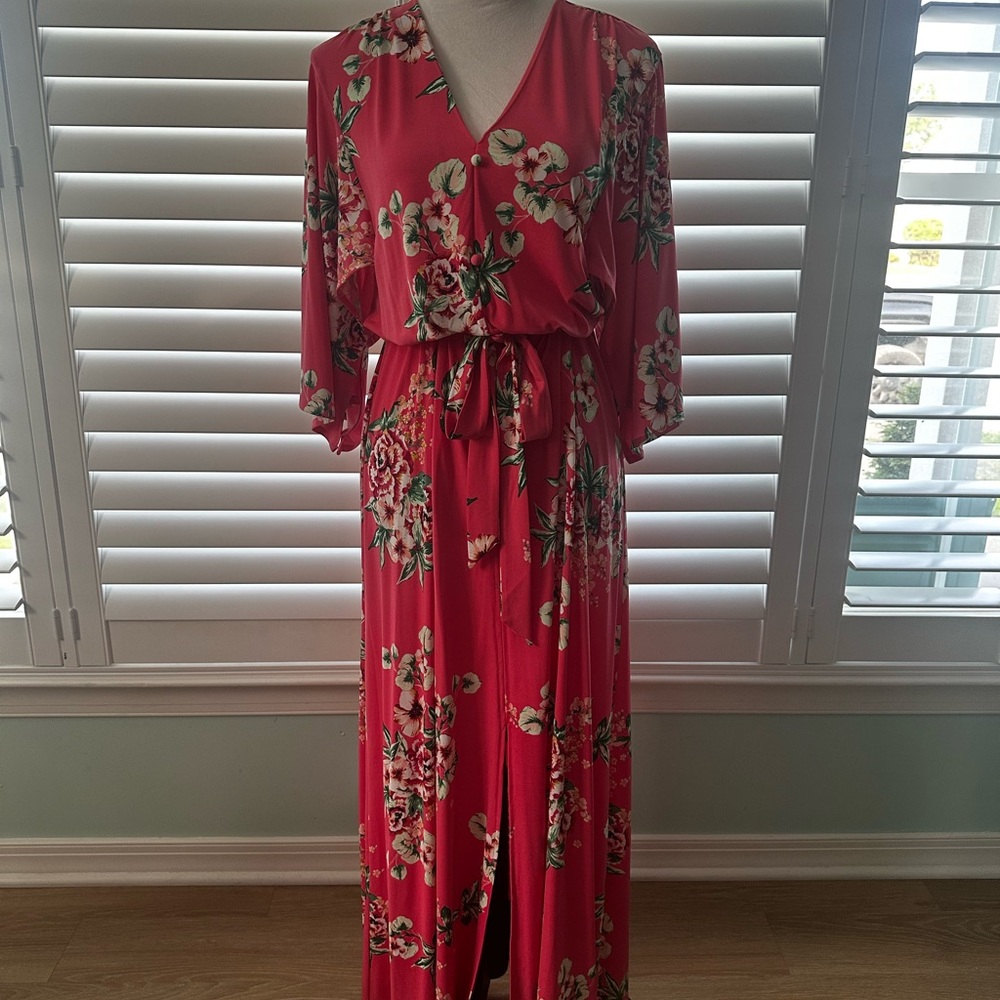 New York & Company Pink Floral Maxi Dress V-Neck Dolman Sleeve